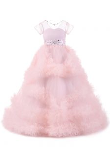 Super Baby Pink Short Sleeves Floor Length Beading and Ruffles Backless Child Pageant Dress