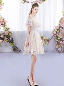 Mini Length Empire Short Sleeves Champagne Dama Dress Lace Up