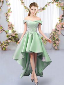 Decent Green Satin Lace Up Off The Shoulder Sleeveless High Low Quinceanera Dama Dress Appliques