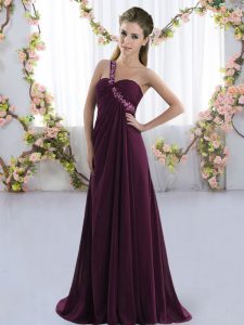 Lace Up Quinceanera Court of Honor Dress Dark Purple for Prom and Party and Wedding Party with Beading Brush Train