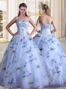 Inexpensive Lavender A-line Beading 15 Quinceanera Dress Lace Up Printed Sleeveless Floor Length