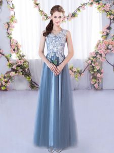 Trendy Blue Tulle Lace Up Dama Dress Sleeveless Floor Length Lace