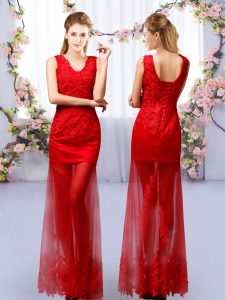 Red Column/Sheath V-neck Sleeveless Tulle Floor Length Lace Up Lace Damas Dress
