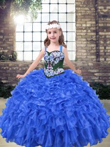 Hot Sale Blue Sleeveless Floor Length Embroidery and Ruffles Lace Up Pageant Gowns For Girls