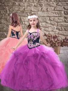 Simple Straps Sleeveless Tulle Pageant Dress Embroidery and Ruffles Lace Up