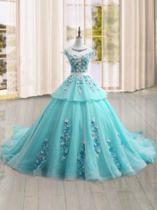 Cap Sleeves Brush Train Appliques Lace Up Quinceanera Gowns