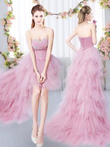 Flirting Sleeveless High Low Beading and Ruffles Lace Up Dama Dress for Quinceanera with Pink