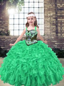 Custom Designed Embroidery and Ruffles Winning Pageant Gowns Green Lace Up Sleeveless Floor Length