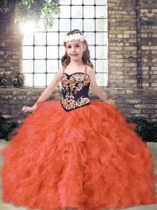 New Style Orange Red Sleeveless Floor Length Embroidery and Ruffles Lace Up Little Girl Pageant Dress