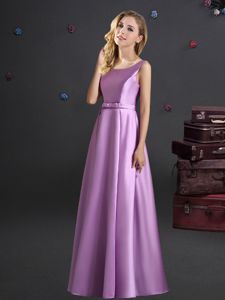 Lilac Empire Elastic Woven Satin Square Sleeveless Bowknot Floor Length Zipper Court Dresses for Sweet 16