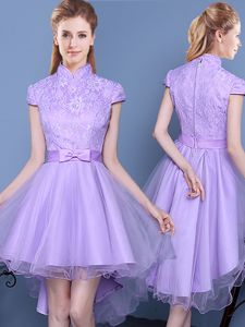High-neck Short Sleeves Zipper Quinceanera Dama Dress Lavender Tulle