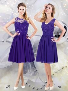 Edgy Scoop See Through Purple Sleeveless Lace and Appliques Knee Length Vestidos de Damas