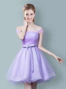 Lavender Empire Off The Shoulder Sleeveless Tulle Knee Length Zipper Ruching and Bowknot Quinceanera Court Dresses