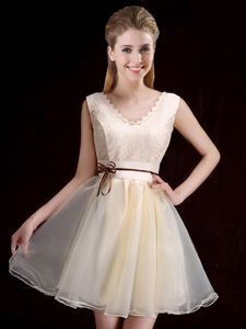 Designer Champagne Lace Up Dama Dress for Quinceanera Lace and Appliques and Belt Sleeveless Mini Length