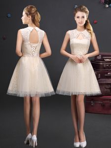 Champagne Lace Up High-neck Lace and Appliques and Belt Quinceanera Court of Honor Dress Tulle Sleeveless