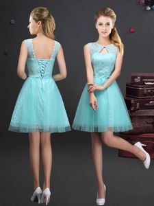 Scoop Aqua Blue Lace Up Dama Dress Lace and Appliques and Belt Sleeveless Mini Length