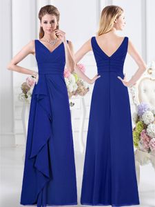 Royal Blue Sleeveless Floor Length Ruffles and Ruching Zipper Dama Dress