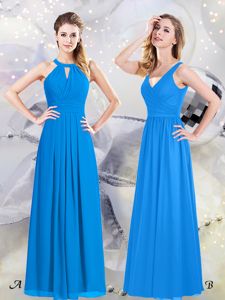 Halter Top Baby Blue Sleeveless Floor Length Ruching Zipper Quinceanera Court of Honor Dress