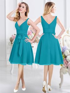 Teal Damas Dress Prom and Party and Wedding Party and For with Ruching and Belt V-neck Sleeveless Zipper