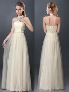 New Arrival Halter Top Floor Length Lace Up Court Dresses for Sweet 16 Champagne and In for Prom and Party and Wedding Party with Lace and Appliques