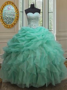 Amazing Floor Length Green Quinceanera Gowns Organza Sleeveless Beading and Ruffles