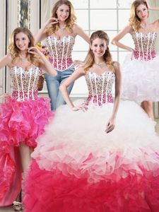 Charming Four Piece Hot Pink Sleeveless Floor Length Beading and Ruffles and Sequins Lace Up Quinceanera Dresses