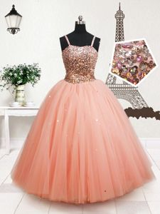 Peach Zipper Straps Beading and Sequins Little Girls Pageant Dress Tulle Sleeveless