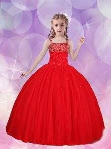 Red Lace Up Straps Beading Kids Formal Wear Tulle Sleeveless
