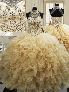 Customized Sweep Train Ball Gowns 15th Birthday Dress Champagne High-neck Tulle Sleeveless With Train Lace Up