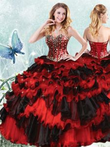 Delicate Sequins Ruffled Red And Black Sleeveless Organza Lace Up Quinceanera Dress for Military Ball and Sweet 16 and Quinceanera