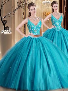 Teal Lace Up Spaghetti Straps Beading and Lace and Appliques Quinceanera Dress Tulle Sleeveless