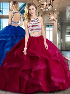High Class Scoop Sleeveless Brush Train Backless With Train Beading and Ruffles Vestidos de Quinceanera