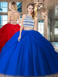 Flare Royal Blue Tulle Backless Scoop Sleeveless Floor Length Sweet 16 Dresses Beading and Pick Ups