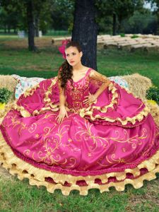 Fine Fuchsia Ball Gowns Taffeta Off The Shoulder Sleeveless Beading and Embroidery Floor Length Lace Up Quince Ball Gowns