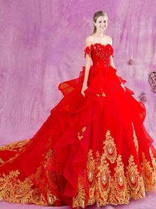 Off the Shoulder Red Tulle Lace Up Sweet 16 Dresses Sleeveless With Train Court Train Beading and Appliques and Ruffles