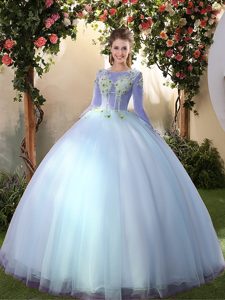 Captivating Big Puffy Long Sleeves Floor Length Appliques Lace Up Quince Ball Gowns with Light Blue
