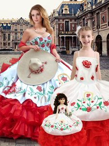 White And Red Sweetheart Lace Up Embroidery 15th Birthday Dress Sleeveless