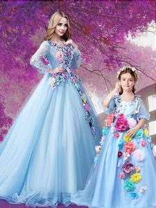 Captivating Baby Blue 15th Birthday Dress Sweet 16 and Quinceanera and For with Beading and Hand Made Flower V-neck Long Sleeves Sweep Train Lace Up