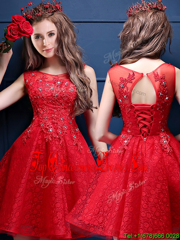 Classical Scoop Red Quinceanera Dama Dress with Appliques and Beading