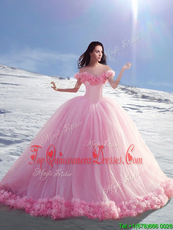 Wonderful Off the Shoulder Rose Pink Ball Gowns Hand Made Flower 15 Quinceanera Dress Lace Up Tulle Cap Sleeves