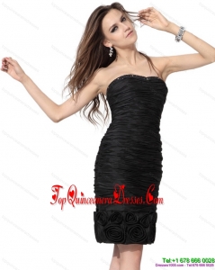 Fashionable 2015 Strapless Black Dama Dress with Hand Made Flowers and Ruching