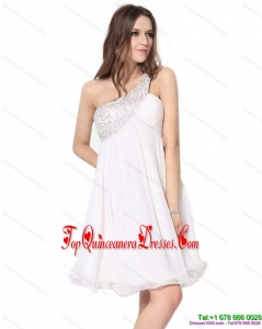 Fashionable One Shoulder Beading Dama Dress in White