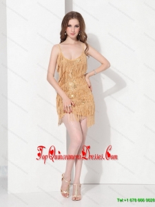 2015 Gold Sequins and Mini Length Macrame Prom Dresses with Spaghetti Straps