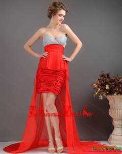Brush Train Red High Low Prom Dresses with Ruching and Beading for 2015