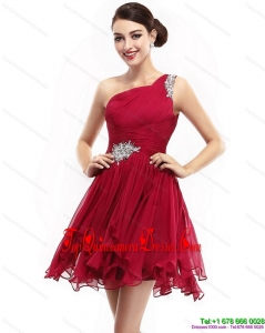 One Shoulder Ruching Mini Length Prom Dresses with Beading for 2015