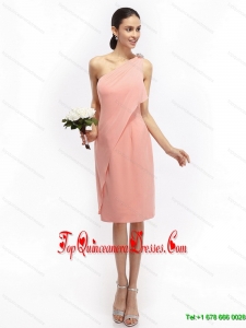 Ruching and Hand Made Flowers 2015 Pink Prom Dresses with One Shoulder