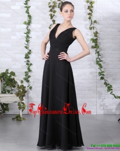2015 Affordable V Neck Floor Length Gorgeous Dama Dress in Black
