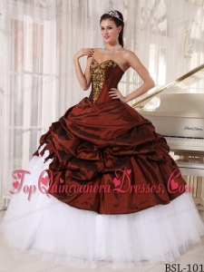 Ball Gown Sweetheart Burgundy and white Floor-length Appliques Quinceanera Dress