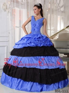 Ball Gown V-neck Blue and Black Quinceanera Dress with Beading