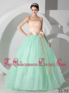 Strapless Apple Green and Pink Organza Sash and Ruching Quinceanea Dress